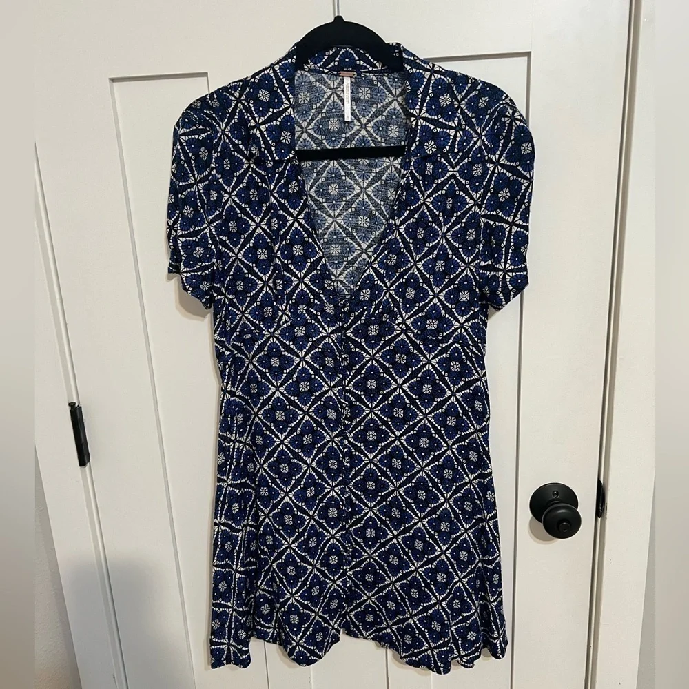 Free People Melody Geo Button Front Mini Dress Size 6 Blue